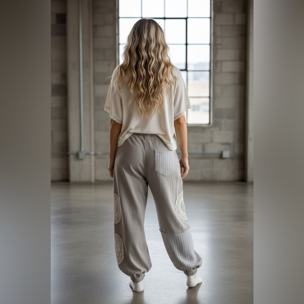 NWT POL Boho Crochet Doily Patchwork Jogger Sweats Sweat Pants Joggers Grey - Picture 2 of 13